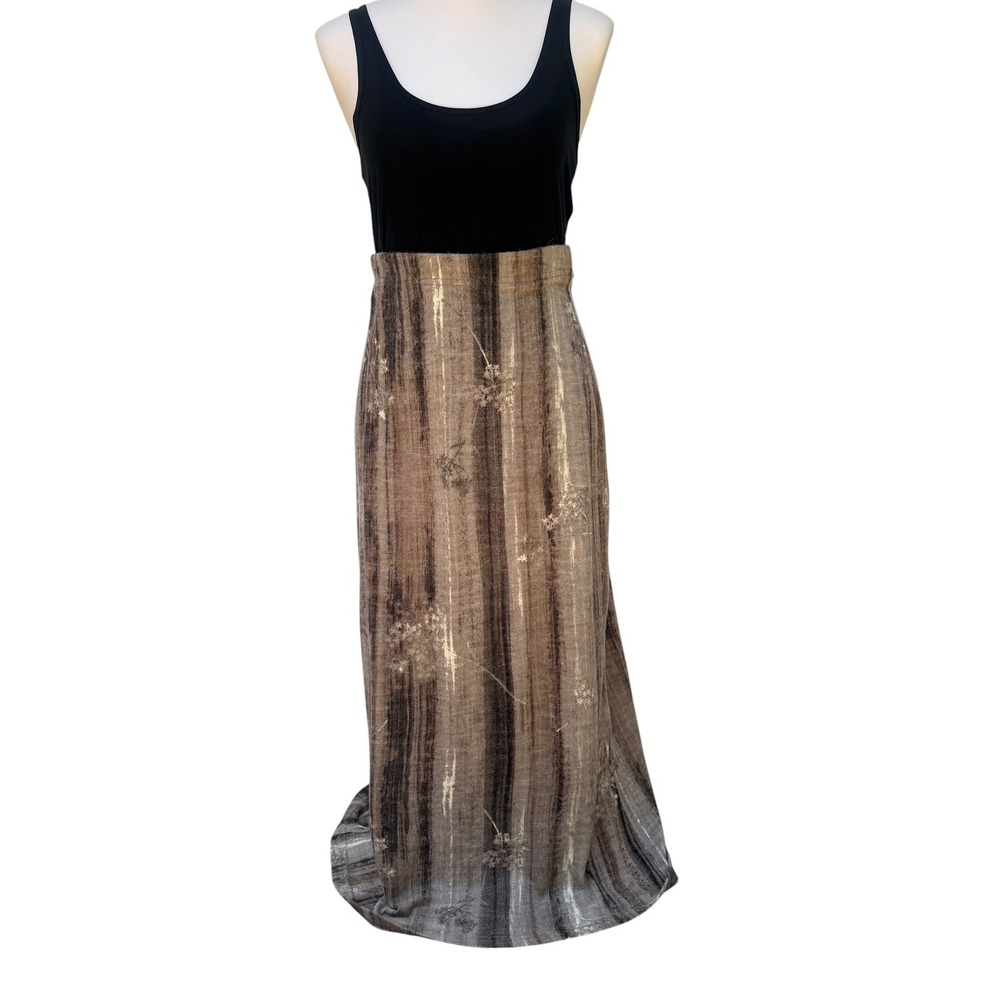 VTG Lapis Maxi Skirt M Brown Soft Wool Blend Floral Stripe A-Line Earthy Boho - Picture 2 of 6